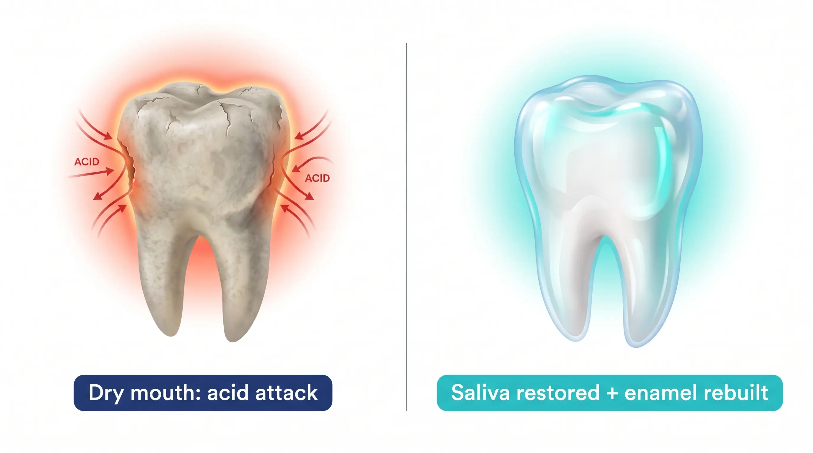 Before and after: dry acidic mouth versus saliva restored and enamel rebuilt